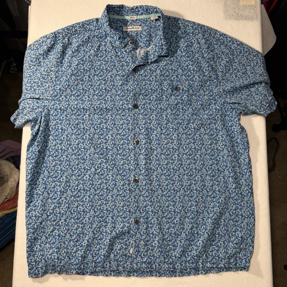 Tommy Bahama Mens XXL 2XL Geometric Print Camp Shirt Blue Purple Silk Blend
